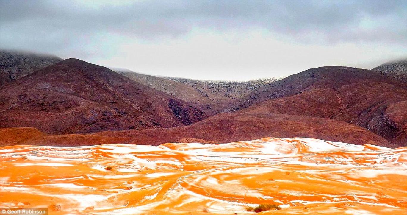 It is just the second time in living memory that snow has fallen in the Sahara village