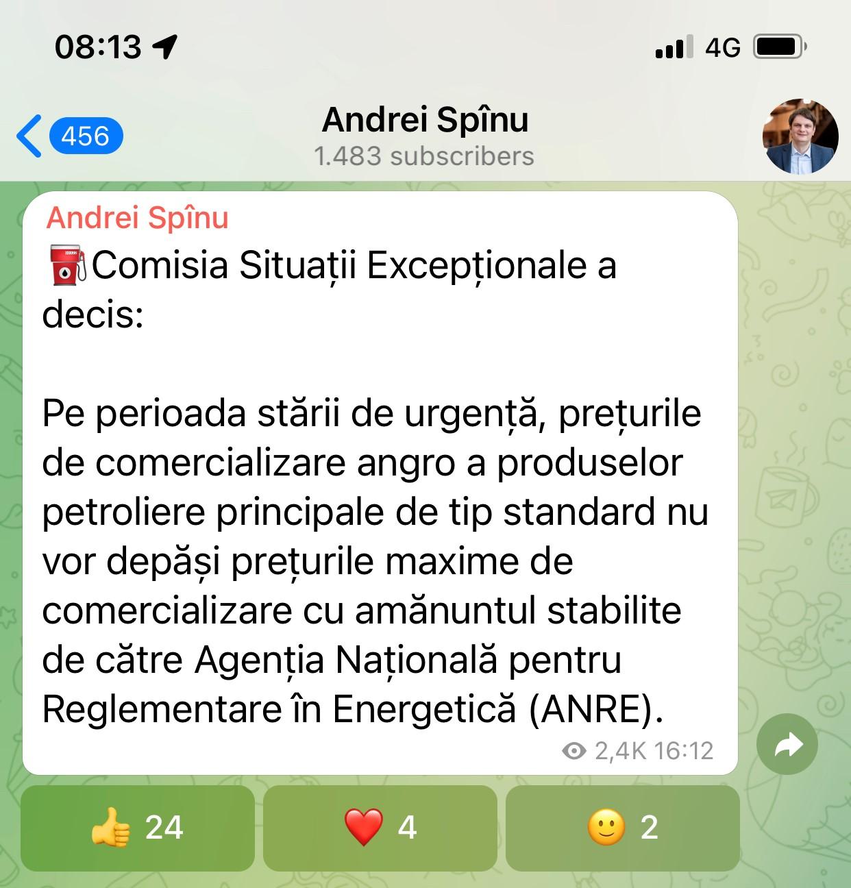 Anunțul din 10 Martie 2022 a vice-premierului Andrei Spânu privind plafonarea prețurilor angro la produsele petroliere